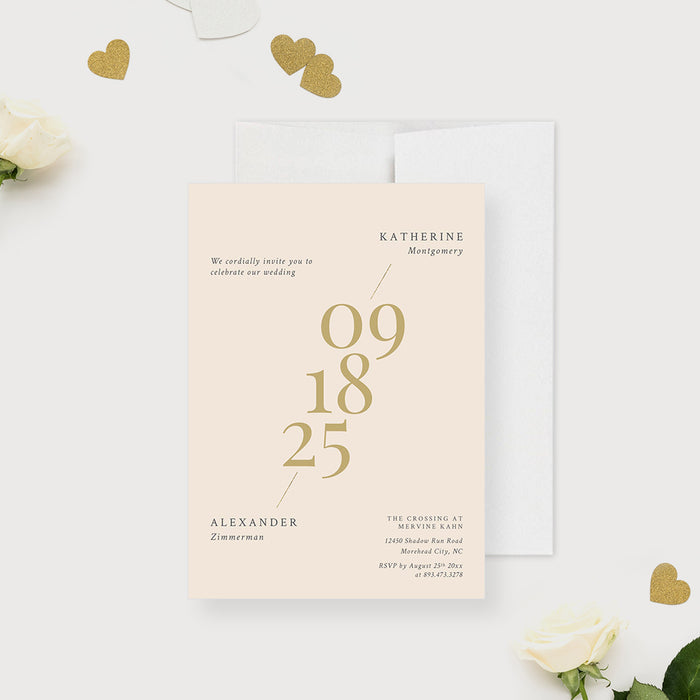 Contemporary Chic Wedding Invitation Card in Soft Neutral Colors, Beige Invitations for Wedding Celebration with Elegant Numerals