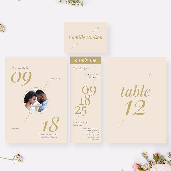 Contemporary Chic Wedding Invitation Card in Soft Neutral Colors, Beige Invitations for Wedding Celebration with Elegant Numerals