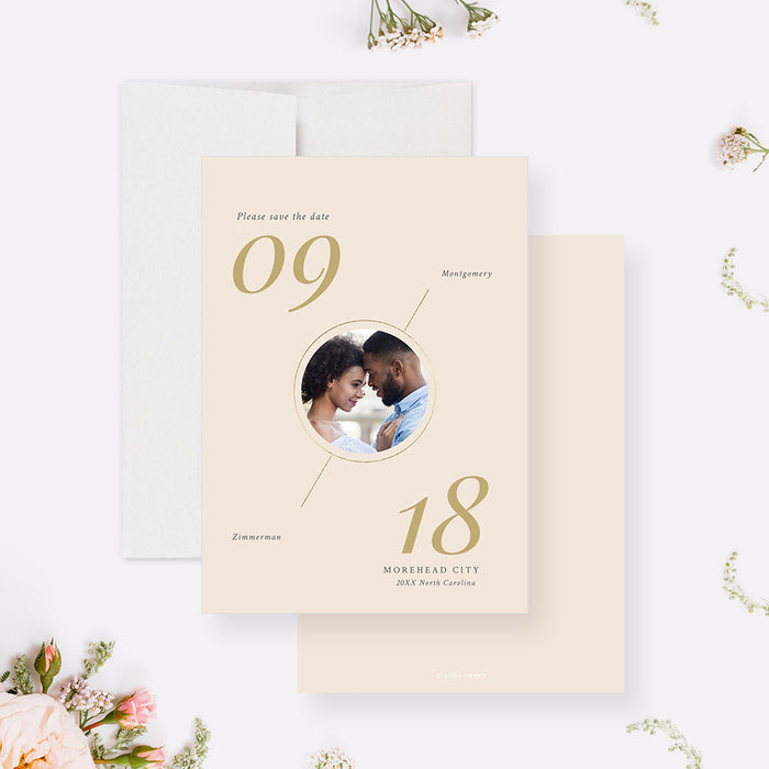 Contemporary Photo Wedding Save the Date Card in Soft Neutral Colors, Beige Wedding Save the Dates with Elegant Numerals