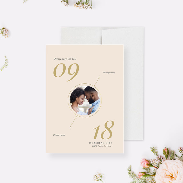 Contemporary Photo Wedding Save the Date Card in Soft Neutral Colors, Beige Wedding Save the Dates with Elegant Numerals