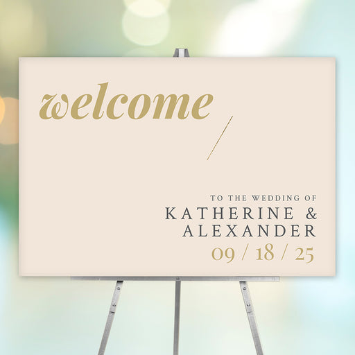 Modern beige wedding welcome sign with customizable names and date, crafted in soft neutral tones for elegant event decor.