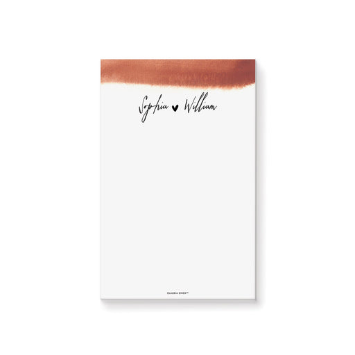 Personalized wedding notepad with soft watercolor brushstroke, small heart, and romantic script typography