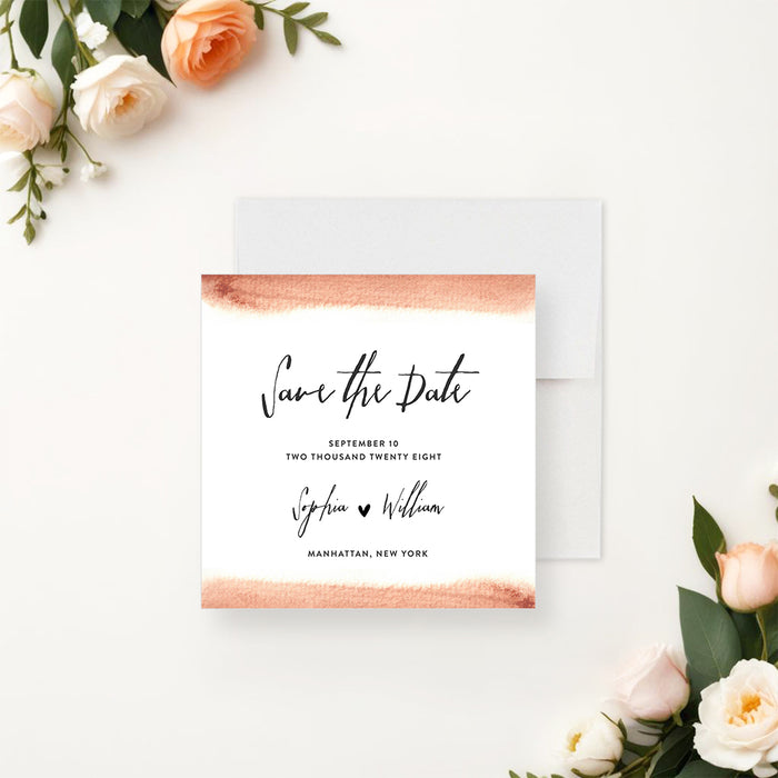 Wedding save the date card with soft terracotta watercolor brushstroke, small heart, and modern calligraphy-front
