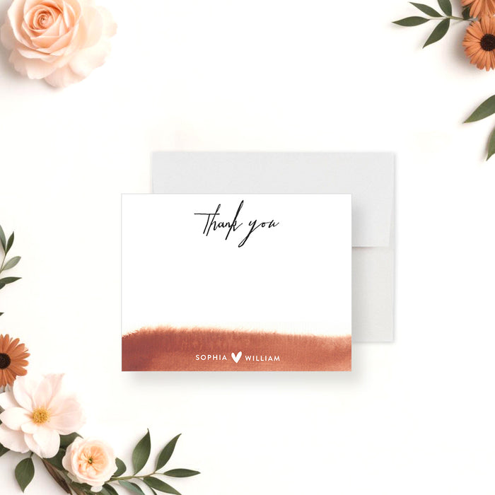 Romantic wedding thank you card with script typography and love heart design for bride and groom-front