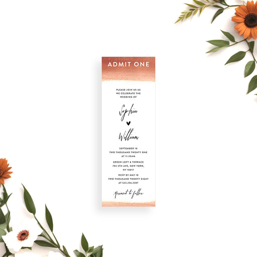 Wedding ticket invitation with a warm terracotta watercolor brushstroke, small heart, and romantic script typography
