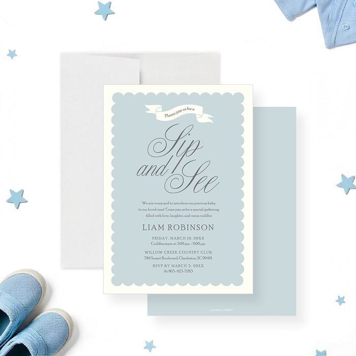 Personalized Sip and See invitation card for meet the baby party-front-back