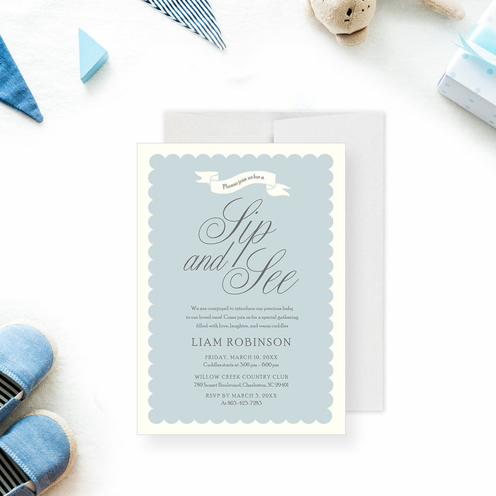 Personalized Sip and See invitation card for meet the baby party-front