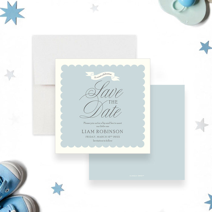 Personalized Sip and See save the date card for baby celebration-front-back