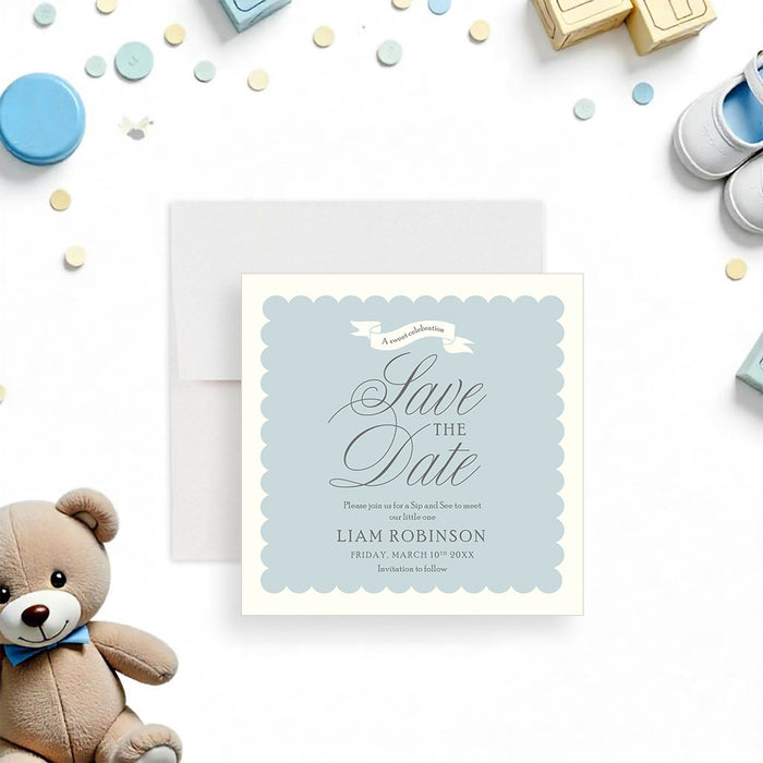 Personalized Sip and See save the date card for baby celebration-front