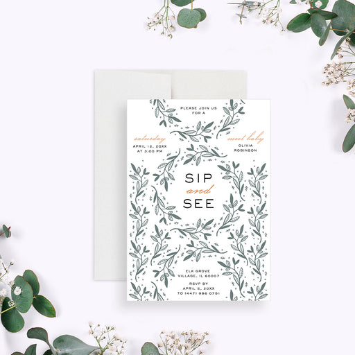 Botanical sip and see invitation with greenery leaves design, customized for a newborn welcome party or gender-neutral baby events.-front