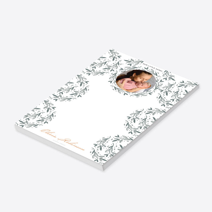 Botanical notepad with a photo featuring greenery leaves, perfect for sip and see gifts, baby shower favors, or new mom keepsakes.-side