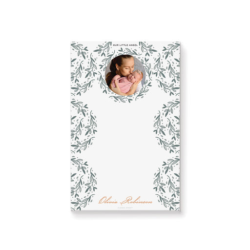 Botanical notepad with a photo featuring greenery leaves, perfect for sip and see gifts, baby shower favors, or new mom keepsakes.