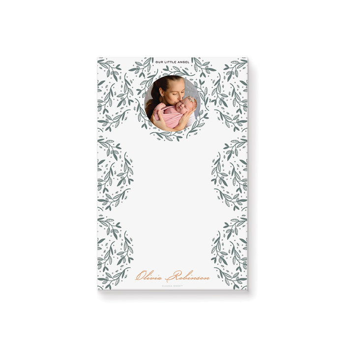 Botanical notepad with a photo featuring greenery leaves, perfect for sip and see gifts, baby shower favors, or new mom keepsakes.