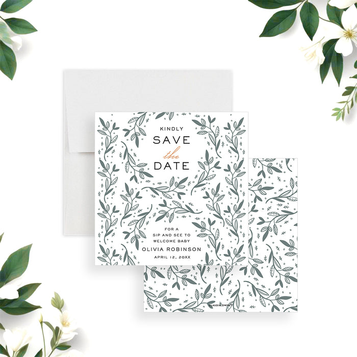 Botanical save the date card featuring greenery leaves for modern, gender-neutral baby celebrations.-front-back