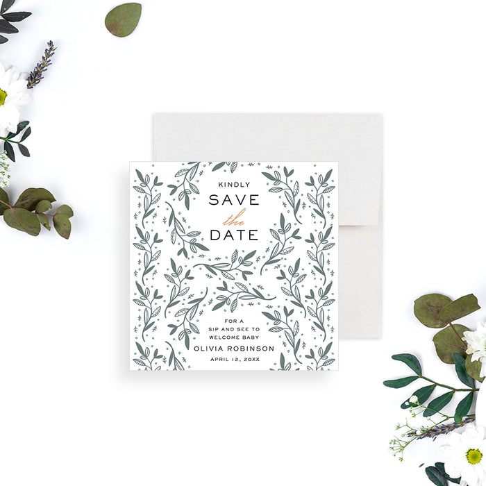 Botanical save the date card featuring greenery leaves for modern, gender-neutral baby celebrations.-front