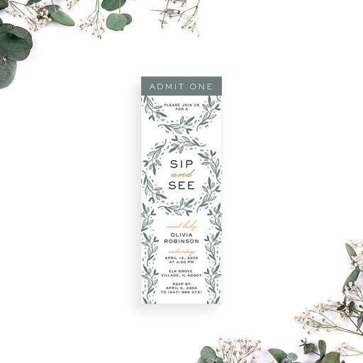 Botanical baby sip and see invitation with greenery wreaths design, also ideal for baby showers, spring events, or garden parties.