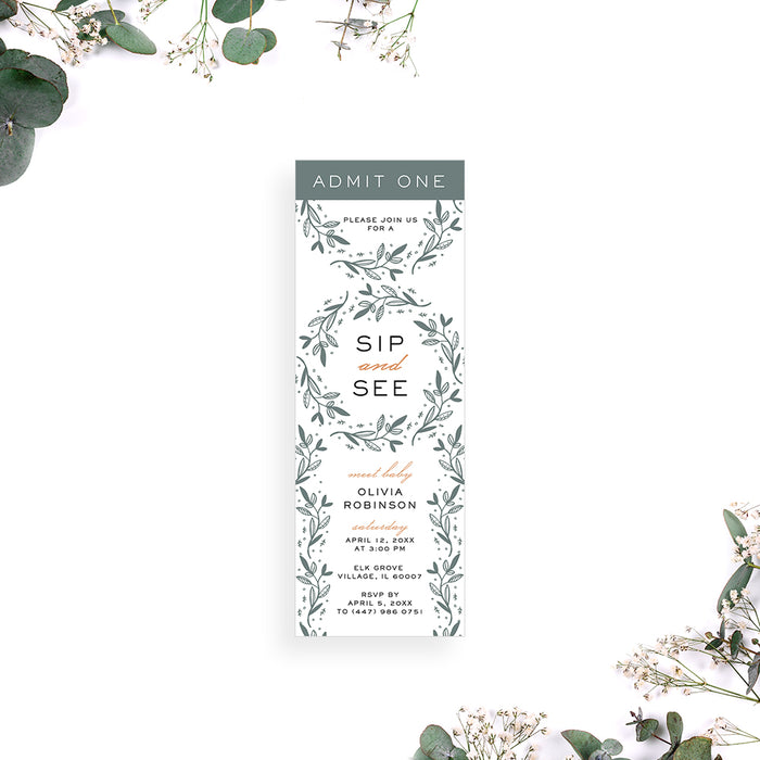 Botanical baby sip and see invitation with greenery wreaths design, also ideal for baby showers, spring events, or garden parties.