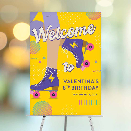 Colorful roller skating birthday party welcome sign with purple, yellow, and pink roller skates.