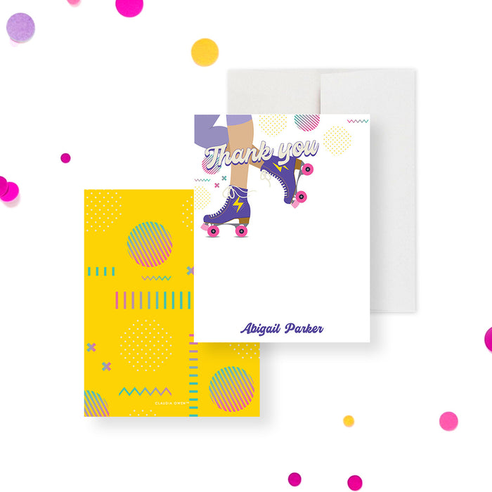Roll On Over Birthday Party Invitation with Roller Skating Girl, Skate Birthday Invites for Girls in Yellow Purple and Pink