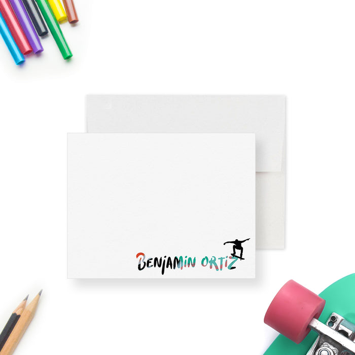 Custom note card design featuring a modern skateboard illustration, ideal for boys, teens, or men who love skateboarding or longboarding; includes space for personalization.
