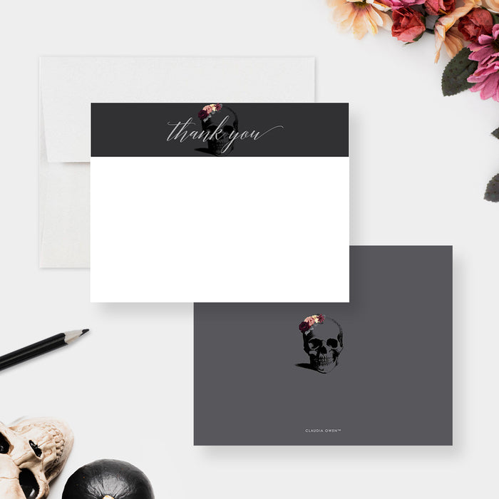 Skull thank you card with floral skull illustration