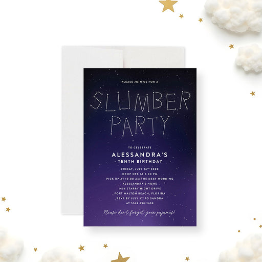 Starry night slumber party birthday invitation featuring constellation lettering and a navy purple sky design-front