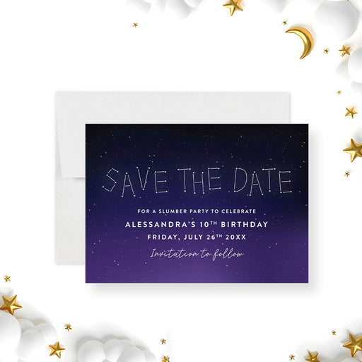 Starry night save the date card with constellation lettering and navy purple sky background for slumber party birthday-front