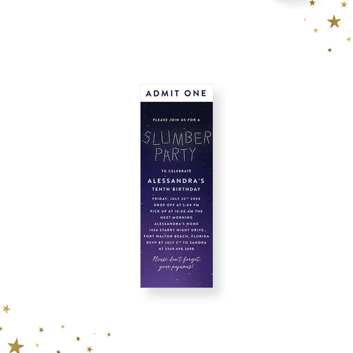 Starry night slumber party ticket invitation featuring constellation lettering and a navy purple sky background