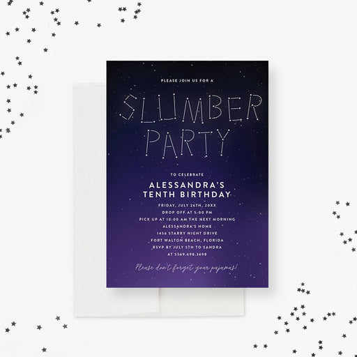 Slumber party invitation template mockup with white constellation lettering on a navy and purple starry night sky
