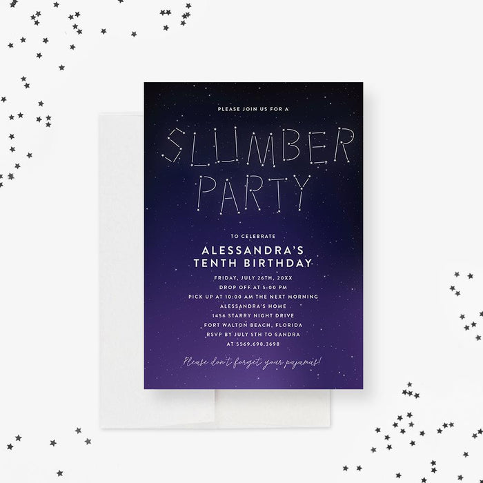 Slumber party invitation template mockup with white constellation lettering on a navy and purple starry night sky