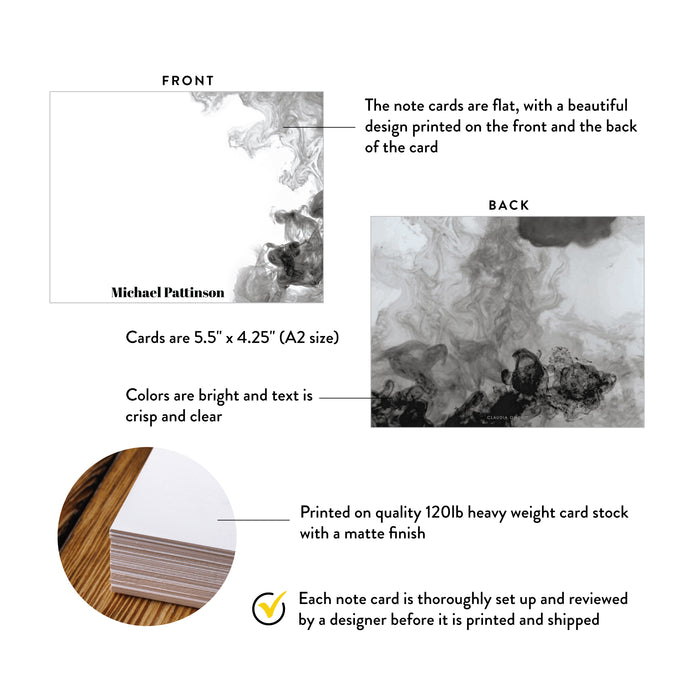Black and white personalized note card with smoke design, featuring name on the front and matching design on the back