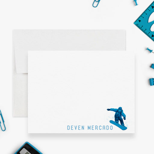 Custom snowboarding stationery set for boys featuring a snowboard illustration