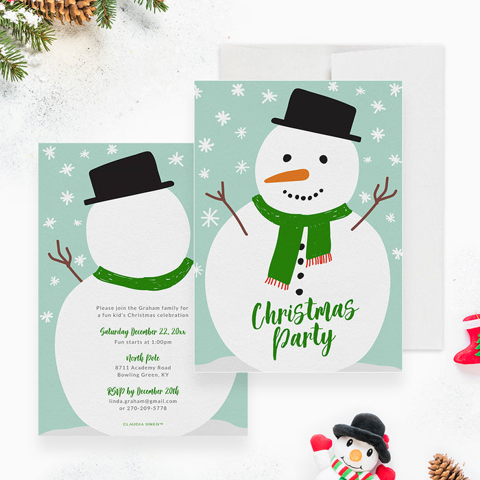 Cute snowman Christmas party invitation with green scarf, black hat, and winter snowflake background.