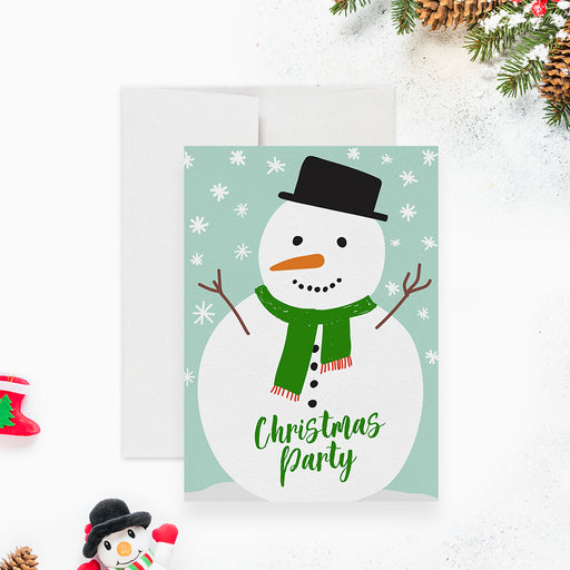 Cute snowman Christmas party invitation with green scarf, black hat, and winter snowflake background.
