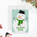 Cute snowman Christmas party invitation with green scarf, black hat, and winter snowflake background.