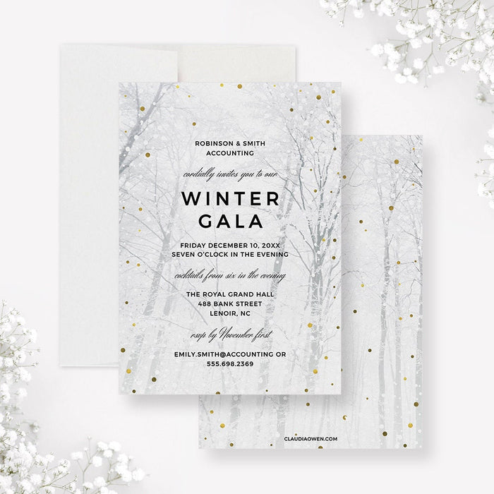 Winter Gala invitation with snowy forest design. Printable Winter Wonderland digital download for parties, birthdays, and corporate events.