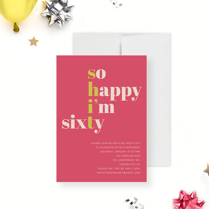 So Happy I’m Sixty 60th birthday invitation featuring bold modern typography on a pink background