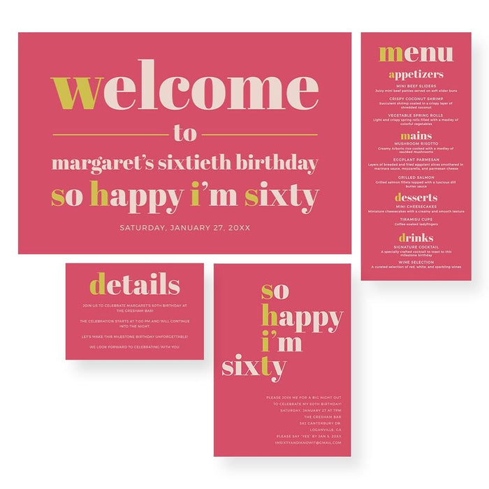 So Happy I’m Sixty 60th birthday stationery set featuring bold typography in pink and yellow for a modern milestone celebration