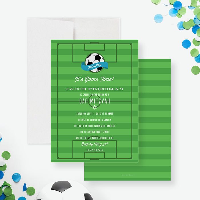 Soccer themed Bar Mitzvah invitation with green field design and Star of David for sports-themed Jewish celebrations-front-back