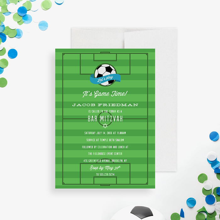 Soccer themed Bar Mitzvah invitation with green field design and Star of David for sports-themed Jewish celebrations-front