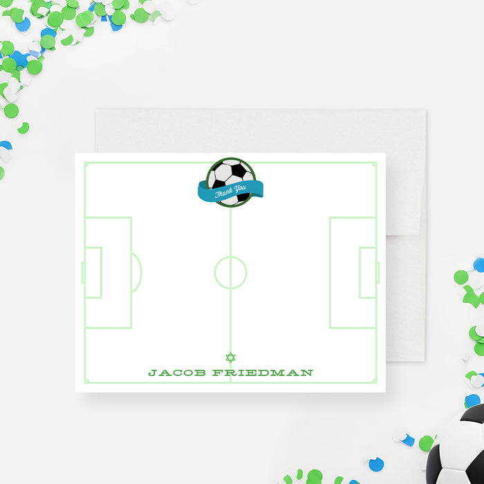 Soccer Bar Mitzvah thank you card with field layout and personalized name-front