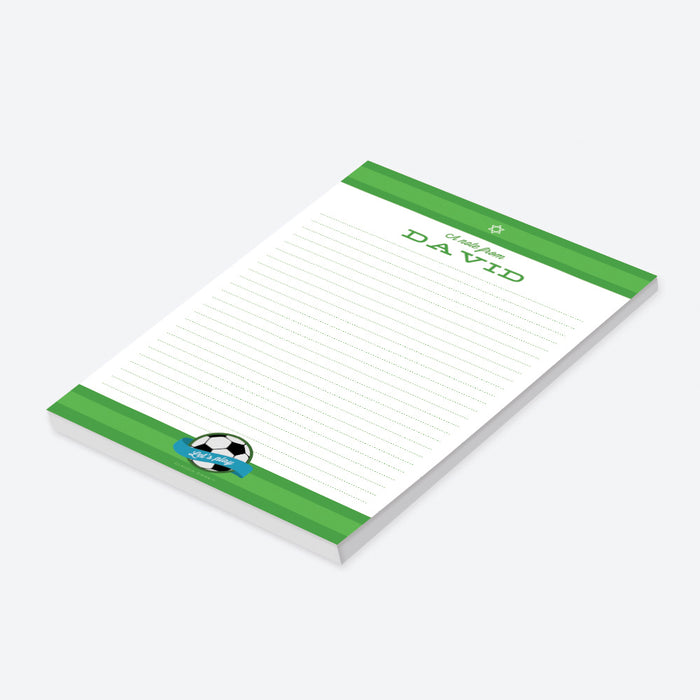Personalized soccer notepad with green field design and custom name for Bar Mitzvah-side