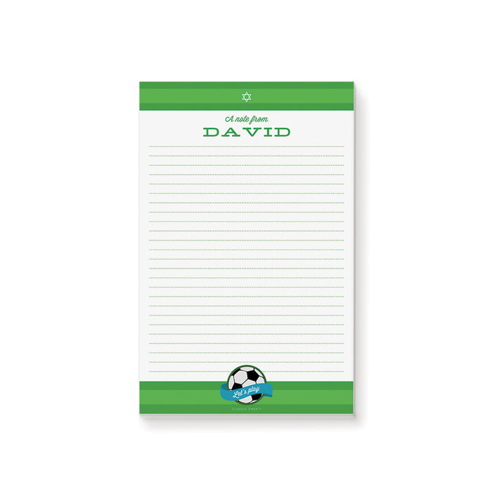 Personalized soccer notepad with green field design and custom name for Bar Mitzvah