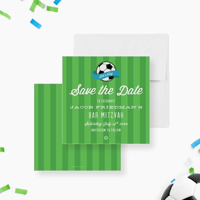 Soccer Bar Mitzvah save the date card with green field design and soccer ball-front-back