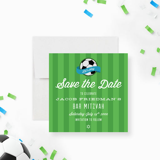 Soccer Bar Mitzvah save the date card with green field design and soccer ball-front