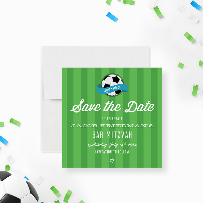 Soccer Bar Mitzvah save the date card with green field design and soccer ball-front