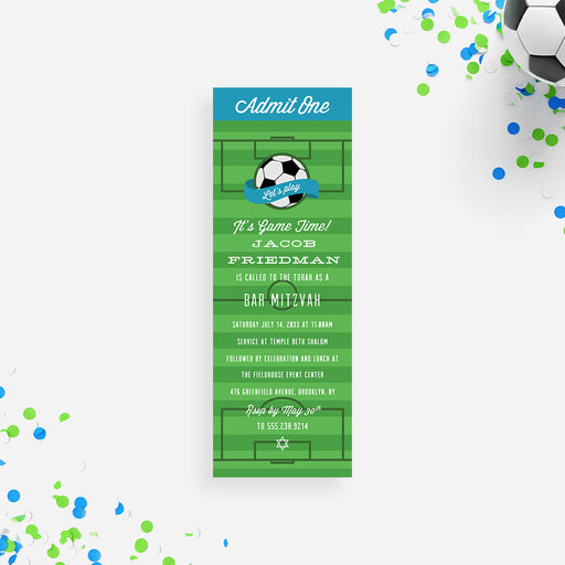 Soccer Bar Mitzvah ticket invitation with green field design and admit one layout