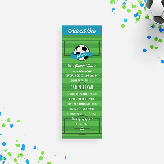 Soccer Bar Mitzvah ticket invitation with green field design and admit one layout