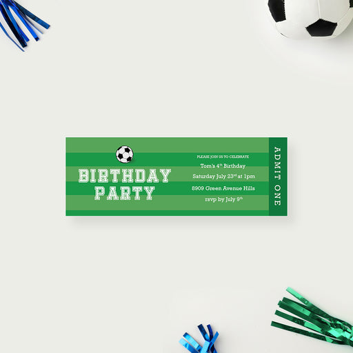 Personalized soccer birthday ticket invitation with a black-and-white soccer ball, green striped background, and custom event details.