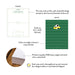 Front and back of soccer field birthday thank you cards showing A2 dimensions and matte cardstock details.